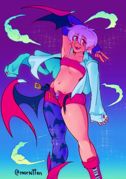 1girl animal_print bat_print belt blue_bridal_gauntlets blue_pantyhose blue_sky breasts bridal_gauntlets changing_clothes chest_strap cleavage commentary darkstalkers demon_girl demon_wings english_commentary fang gift_art gradient_sky green_clouds grey_sky hair_between_eyes head_wings highres lilith_(darkstalkers) long_sleeves morkitten open_belt open_fly open_mouth pantyhose purple_hair purple_sky red_eyes red_shoes red_shorts red_straps shirt shoes short_hair shorts single_head_wing single_leg_pantyhose single_wing sky sleeves_past_wrists small_breasts smile solo star_(sky) transformation twitter_username undressing v white_shirt wings