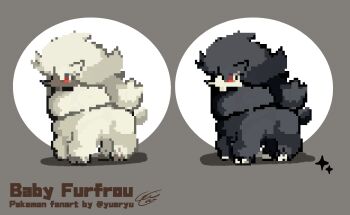 Rule 34 | aged down, animal focus, artist name, baby animal, character name, copyright name, english text, full body, furfrou, gen 6 pokemon, grey background, nintendo, no humans, pixel art, pokemon, pokemon (creature), red eyes, shiny and normal, shiny pokemon, signature, simple background, standing, twitter username, two-tone background, yueryu (taroyuer2)