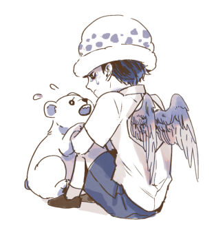 1boy aged_down angel_wings bear bepo_(one_piece) commentary_request crying cub flying_sweatdrops hat male_focus monochrome one_piece rami_rz sad shoes short_hair short_sleeves shorts sitting socks trafalgar_law wings