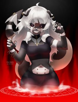 1girl absurdres ahoge animal_collar animal_ears artist_name black_sclera body_fur bracelet breasts collar colored_sclera commentary commission dated demon_girl dog_ears dog_tail english_commentary fingernails furry furry_female grey_fur grin hands_up highres jewelry large_breasts long_hair magic_circle nail_polish navel original pita-potato red_nails sharp_fingernails sharp_teeth smile solo stomach summoning tail teeth white_hair