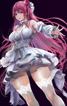 Rule 34 | 1girl, blush, braid, breasts, commentary, crown braid, dark background, detached collar, detached sleeves, dorothy (nikke), dress, frilled dress, frills, goddess of victory: nikke, hair bun, hair over shoulder, highres, kyel hyde, lace, lace-trimmed thighhighs, lace trim, large breasts, looking at viewer, panties, parted lips, purple eyes, single side bun, solo, standing, thighhighs, underwear, white dress, white panties, white thighhighs