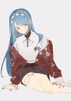 1girl absurdres aiu_ryo animal_print bear_print blue_eyes blue_hair blue_nails brown_skirt cardigan chain grey_background hairband highres hololive hoshimachi_suisei hoshimachi_suisei_(micomet) long_hair long_sleeves nail_polish off_shoulder official_alternate_costume open_cardigan open_clothes red_cardigan simple_background sitting skirt sleeves_past_wrists smile solo sweater swept_bangs virtual_youtuber white_hairband white_sweater yokozuwari