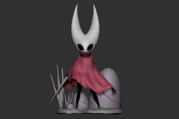 1girl 3d arthropod_girl black_eyes black_sclera black_skin cloak colored_sclera colored_skin grey_background holding holding_needle holding_weapon hollow_knight hollow_knight:_silksong hornet_(hollow_knight) horns needle red_cloak rock soyzec standing tagme weapon