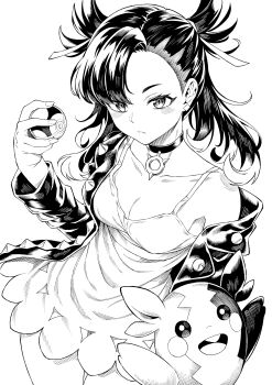 1girl absurdres asymmetrical_bangs ayumuhotaka blush breasts choker cleavage closed_mouth collarbone dress gen_8_pokemon greyscale hair_ribbon highres holding holding_poke_ball jacket looking_at_viewer marnie_(pokemon) medium_breasts monochrome morpeko morpeko_(full) nintendo poke_ball pokemon pokemon_(creature) pokemon_swsh ribbon simple_background sleep_molestation thighs twintails undercut white_background