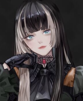 1girl ascot black_ascot black_background black_choker black_gloves black_hair blonde_hair blue_eyes blunt_bangs choker collar commentary dhbwinner dress eyelashes frilled_collar frilled_sleeves frills gem gloves green_dress hashtag-only_commentary highres hololive hololive_dev_is juufuutei_raden juufuutei_raden_(1st_costume) lace lace_choker lips lolita_fashion long_hair looking_at_viewer multicolored_hair parted_lips red_gemstone revision simple_background smile solo straight_hair streaked_hair two-tone_hair upper_body virtual_youtuber wing_collar