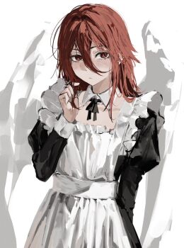 1boy angel_devil_(chainsaw_man) apron blush chainsaw_man closed_mouth commentary_request crossdressing crossdressing_(mtf) frilled_apron frills highres looking_at_viewer maid maid_apron male_focus male_maid no_halo raberu_ruru red_eyes red_hair simple_background solo white_apron white_background wings