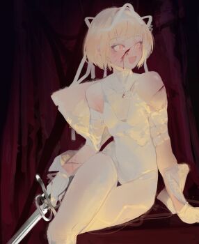 1girl absurdres bare_shoulders bleeding blonde_hair blood commentary english_commentary gloves hair_ornament highres leotard open_mouth orange_eyes original pantyhose polilla red_background short_hair sitting sword thighs weapon white_gloves white_pantyhose