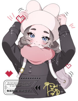 1girl ansha_(pokemon) black_jacket blue_eyes blush child closed_mouth commentary_request eyelashes goslingwallows grey_hair hat head_tilt heart highres jacket looking_at_viewer nintendo pink_scarf pokemon pokemon_legends:_z-a scarf simple_background smile solo sparkle upper_body watermark white_background white_hat