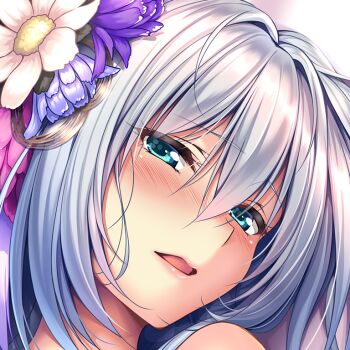Rule 34 | 1girl, amakano ~second season~, aqua eyes, blush, commentary request, cropped, flower, grey hair, hair flower, hair ornament, long hair, looking at viewer, lying, on back, open mouth, piromizu, solo, suzurikawa euphrasie ruika