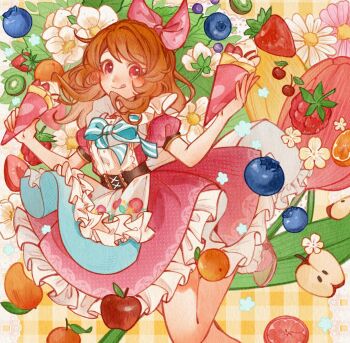 1girl :q aikatsu! aikatsu!_(series) apple blue_bow blueberry blush bow brown_hair crepe dress floating_hair floral_print flower food frilled_dress frills fruit gingham_background hair_bow hands_up hashtag-only_commentary highres holding holding_crepe holding_food kiwi_(fruit) long_hair looking_at_viewer medium_dress nicole_(nicole81605231) orange_(fruit) ozora_akari pink_bow pink_dress pink_flower raspberry red_eyes red_flower short_sleeves solo standing standing_on_one_leg striped_bow tongue tongue_out whipped_cream white_flower yellow_background yellow_flower