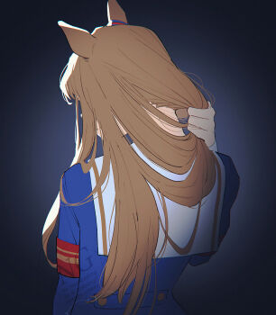 Rule 34 | 1girl, animal ears, armband, blue jacket, brown hair, commentary, ear ornament, facing away, from behind, grass wonder (stone-piercing blue) (umamusume), grass wonder (umamusume), harapekopoppo, highres, holding, holding own hair, horse ears, horse girl, jacket, long hair, nape, sailor collar, solo, umamusume, upper body, watermark, white sailor collar