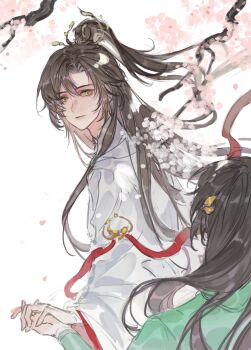 2boys absurdres black_hair branch brown_hair chinese_clothes chinese_commentary closed_mouth curtained_hair falling_petals flower green_hanfu hair_between_eyes hair_ornament half_updo hanfu high_ponytail highres holding_hands hua_yi_shanxin_zhiyue leaf_hair_ornament light_smile long_hair long_sleeves looking_at_another looking_back male_focus mole mole_under_eye multiple_boys out_of_frame petals pink_flower ponytail red_ribbon ribbon shiyue950 simple_background solo_focus the_prince_(hua_yi_shanxin_zhiyue) upper_body white_background white_hanfu xiao_guan_(headdress) yaoi yellow_eyes yu_ze
