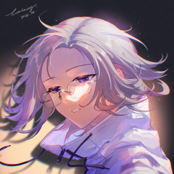 1boy aotsuki_eito black_background box_galaxy chinese_commentary commentary_request dated drawstring glasses gradient_background grey_hair highres jacket looking_at_viewer male_focus portrait purple_eyes shadow short_hair signature solo the_hundred_line_-last_defense_academy- two-tone_background white_jacket yellow_background zipper_pull_tab