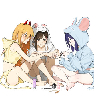 3girls absurdres alternate_universe animal_ear_hood b1026 barefoot black_nails blonde_hair blush brown_eyes brown_hair chainsaw_man commentary cosmetics demon_horns fake_animal_ears green_eyes hair_between_eyes hair_ornament hairclip higashiyama_kobeni highres hood hooded_pajamas horns indian_style long_hair_between_eyes midriff mole mole_under_eye mole_under_mouth multiple_girls nail_polish nail_polish_bottle nail_polish_brush orange_eyes pajamas power_(chainsaw_man) purple_hair reze_(chainsaw_man) shorts sitting