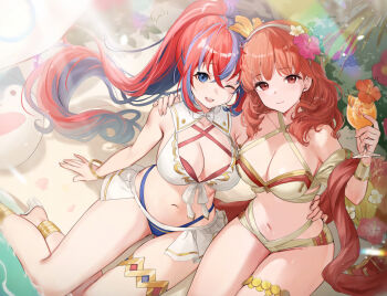 2girls ;) armlet beach bikini blue_bikini blue_eyes blue_hair breasts brown_bikini celica_(fire_emblem) celica_(summer)_(fire_emblem) cleavage criss-cross_halter crossed_bangs cup female_alear_(fire_emblem) female_alear_(seaside_dragon)_(fire_emblem) fire_emblem fire_emblem_echoes:_shadows_of_valentia fire_emblem_engage fire_emblem_heroes flower from_above gluteal_fold gold_armlet gold_thighlet hair_flower hair_ornament halterneck haru_(nakajou-28) holding holding_cup jewelry large_breasts long_hair looking_at_viewer looking_up medium_breasts multicolored_hair multiple_girls navel nintendo ocean official_alternate_costume official_alternate_hairstyle one_eye_closed orange_eyes orange_hair outdoors ponytail red_bikini red_eyes red_hair smile split-color_hair stomach swimsuit thighlet thighs two-tone_hair very_long_hair white_bikini
