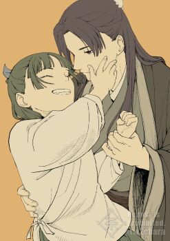 Rule 34 | 1boy, 1girl, arm around back, black robe, blue ribbon, blunt ends, bun cover, chara no7, closed eyes, commentary request, couple, grin, hair bun, hair ribbon, half updo, hand on another's cheek, hand on another's face, hetero, highres, holding another's wrist, jinshi (kusuriya no hitorigoto), kusuriya no hitorigoto, looking at another, maomao (kusuriya no hitorigoto), orange background, parted bangs, ribbon, robe, shirt, smile, teeth, twitter username, upper body, white shirt