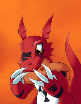 Rule 34 | claws, colored skin, digimon, digimon (creature), eating, guilmon, nightclawduke, no humans, orange background, red skin, simple background, solo, tail, upper body
