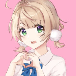 Rule 34 | 1girl, ahoge, blonde hair, blue bow, blue bowtie, bow, bowtie, collared shirt, commentary, green eyes, hair ornament, heart, heart hands, indie virtual youtuber, lizard0221, looking at viewer, low twintails, open mouth, pink background, pom pom (clothes), pom pom hair ornament, portrait, raised eyebrows, shigure ui (vtuber), shigure ui (vtuber) (2nd costume), shirt, short hair, short sleeves, simple background, single hair intake, surprised, swept bangs, teeth, twintails, upper teeth only, virtual youtuber, white shirt