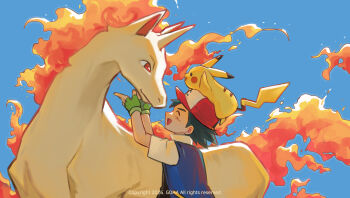 1boy :d arms_up ash_ketchum black_hair clear_sky closed_eyes commentary_request day fingerless_gloves gen_1_pokemon gloves green_gloves happy hat highres jacket male_focus nintendo on_head open_mouth outdoors pikachu pokemon pokemon_(anime) pokemon_(classic_anime) pokemon_(creature) pokemon_on_head rapidash red_hat short_hair short_sleeves sky smile star_goha watermark