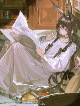 1girl absurdres amiya_(arknights) animal_ears arknights black-framed_eyewear black_bow blue_eyes bow braid brown_hair chinese_commentary choker commentary_request dress hair_between_eyes hair_bow hair_over_shoulder hand_up highres holding holding_newspaper jewelry legs_up long_dress long_hair long_sleeves low_twin_braids multiple_rings newspaper ns404 painterly puffy_long_sleeves puffy_sleeves rabbit_ears rabbit_girl reading ring ring_on_every_finger round_eyewear sidelocks sitting solo thumb_ring twin_braids watermark weibo_watermark white_dress