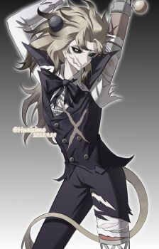 1boy absurdres arched_back arms_up bad_tag ball bandaged_arm bandaged_leg bandages between_legs billiard_ball black_bow black_pants black_sclera black_vest blonde_hair bow colored_sclera colored_tips frown green_eyes helmet heterochromia highres huaizimo identity_v lion_tail long_hair looking_at_viewer male_focus marcus_thorne multicolored_hair pants scar scar_on_chest scar_on_face shirt single_hair_intake tail tail_between_legs vest watermark white_shirt yellow_eyes