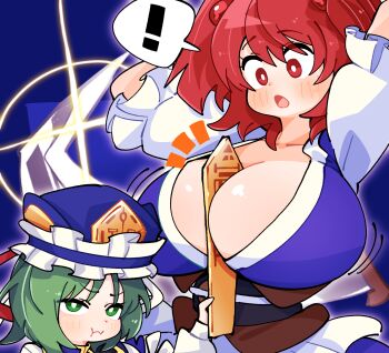 ! 2girls :t arm_up between_breasts blue_background blue_hat blush breasts bright_pupils cleavage closed_mouth commentary_request frilled_hat frills gram_9 green_eyes green_hair hat highres huge_breasts multiple_girls obi onozuka_komachi red_eyes red_hair rod_of_remorse sash shiki_eiki short_hair short_sleeves simple_background spoken_exclamation_mark touhou upper_body white_pupils