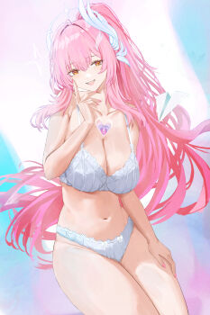 1girl aemeath_(wuthering_waves) bra breasts collarbone commentary fingernails hair_ornament hand_up highres large_breasts long_hair looking_at_viewer nail_polish navel nuo_(fttv3255) open_mouth orange_eyes panties pink_hair pink_nails ponytail smile solo stomach tacet_mark_(wuthering_waves) underwear underwear_only white_bra white_panties wuthering_waves