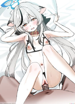 1girl :o absurdres animal_ears bar_censor bikini bikini_bottom_aside black_hair blue_archive blue_halo blush breasts censored clothing_aside collarbone commentary_request cowboy_shot cupless_bikini dress grey_hair halo head_on_pillow hetero highres kokona_(blue_archive) long_hair missionary multicolored_hair navel open_mouth penis pillow pillow_grab pussy sex simple_background small_breasts solo_focus stomach streaked_hair subachi swimsuit thighs tiger_ears vaginal white_background