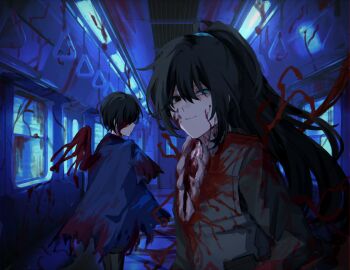 2boys black_eyes black_hair black_suit blood blood_on_clothes blood_on_face blood_on_ground blue_eyes blue_theme broken_window commentary_request double-parted_bangs formal_clothes glowing hair_between_eyes hair_over_eyes heterochromia high_ponytail highres hong_lu_(project_moon) jacket jacket_on_shoulders limbus_company looking_at_another looking_at_viewer multiple_boys ponytail project_moon smile suit teeth tendril tendrils_from_back train train_interior w_corp._(identity)_(project_moon) walking window wings wuzinan19 yi_sang_(project_moon)