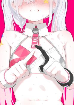 Rule 34 | 1girl, absurdres, armband, bare shoulders, blue archive, blush, braid, breasts, commentary request, facial mark, full-face blush, gloves, highres, millennium cheerleader outfit (blue archive), multicolored hair, navel, partially fingerless gloves, pink background, plana (blue archive), sharp to sharp, shy, simple background, single braid, small breasts, solo, star (symbol), star facial mark, streaked hair, sweat, twintails