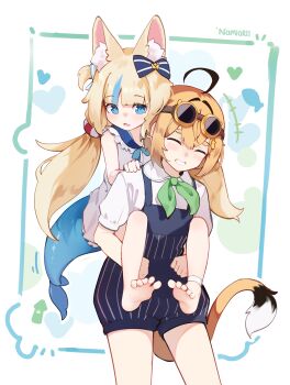 Rule 34 | 2girls, absurdres, ahoge, animal ear fluff, barefoot, black hair, blonde hair, blue eyes, blue hair, blue neckerchief, blue overalls, blue sailor collar, blunt bangs, carrying, collared shirt, commentary, dooby, dooby (1st costume), dress, english commentary, fins, fish girl, fish tail, frilled shirt collar, frills, goggles, goggles on head, green ribbon, highres, indie virtual youtuber, long hair, low twintails, mouse girl, mouse tail, multicolored hair, multiple girls, namiorii, neck ribbon, neckerchief, one side up, open mouth, overalls, piggyback, ribbon, sailor collar, sameko saba, shirt, short hair, short sleeves, sleeveless, sleeveless dress, soles, streaked hair, tail, toes, twintails, very long hair, virtual youtuber, white dress, white shirt