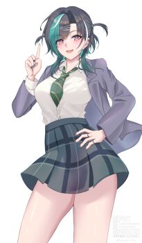 1girl absurdres alternate_costume black_hair breasts cardigan collared_shirt green_hair green_nails green_necktie green_skirt grey_cardigan hair_ornament hairpin hand_on_own_hip highres hololive hololive_dev_is jewelry large_breasts multicolored_hair necktie open_mouth red_eyes rindo_chihaya ring school_uniform shirt short_hair skirt smile solo streaked_hair suzuori_fika two_side_up white_hair white_shirt