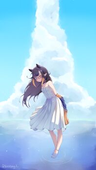 Rule 34 | 1girl, ;), animal ears, arms behind back, bare shoulders, barefoot, black hair, blue coat, blue sky, blunt bangs, blush, center-flap bangs, closed mouth, cloud, coat, coat partially removed, commentary, dress, english commentary, feet, flat chest, from side, full body, glasses, gradient hair, grey eyes, highres, hololive, hololive english, leaning forward, long hair, looking at viewer, multicolored hair, ninomae ina'nis, one eye closed, orange hair, pointy ears, pyrokuro, rectangular eyewear, semi-rimless eyewear, sidelocks, signature, sky, smile, solo, spaghetti strap, straight hair, sundress, tentacle hair, twitter username, two-sided coat, two-sided fabric, violet (ninomae ina'nis), virtual youtuber, wading, water, white dress, yellow coat