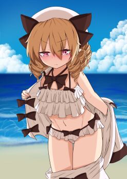 Rule 34 | 1girl, absurdres, beach, bikini, black bow, black nails, blonde hair, blue sky, blush, bow, closed mouth, clothes grab, cloud, cloudy sky, collared shirt, day, drill hair, ears, embarrassed, eyes visible through hair, fingernails, flat chest, frilled bikini, frills, frown, grabbing, groin, hair between eyes, hat, hat ribbon, highres, hip focus, long sleeves, looking to the side, luna child, multiple drills, murasame0603, nail polish, navel, ocean, petite, pointy ears, red eyes, ribbon, sand, shirt, sky, solo, standing, stomach, swimsuit, thigh gap, thighs, thighs together, touhou, undressing, white bikini, white hat