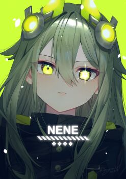 Rule 34 | 1girl, absurdres, alternate eye color, close game/offline (project sekai), commentary request, double-parted bangs, glowing, glowing eye, green background, green eyes, green hair, hair between eyes, hair flaps, hair ornament, highres, kusanagi nene, long hair, looking at viewer, official alternate costume, official alternate hairstyle, parted lips, project sekai, robot ears, sparkle, straight hair, yuuyu (moco20111115)
