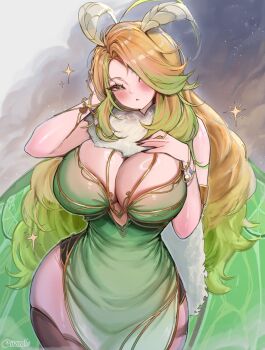 absurdres antennae blonde_hair bracelet breasts clio_(mssclio) commentary copyright_request dress english_commentary gold_bracelet green_dress green_hair highres huge_breasts jewelry original