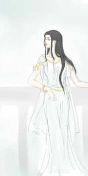 1girl aredhel bare_arms black_hair bracelet closed_mouth collarbone dress elf female_focus jewelry long_hair mintkim pointy_ears profile sidelocks solo standing the_silmarillion tolkien&#039;s_legendarium white_dress