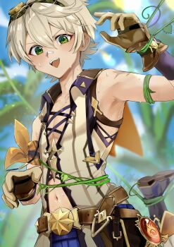 1boy armpits bandaid bandaid_on_face bandaid_on_nose bennett_(genshin_impact) blush brown_gloves commentary_request genshin_impact gloves goggles goggles_on_head green_eyes hair_between_eyes highres looking_at_viewer male_focus navel open_mouth plant revealing_clothes sahi00000 scar scar_on_arm short_hair sleeveless solo sweat teeth tentacles tentacles_on_male upper_teeth_only vines vision_(genshin_impact)