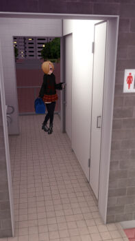 1girl 3d artist_request blonde_hair blush female_focus flat_chest full_body glasses highres idolmaster loli looking_at_viewer peril public_restroom sexually_suggestive shirasaka_koume solo tagme