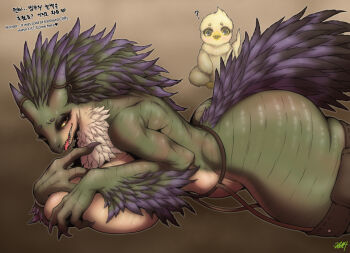 1girl 1other baby breasts brown_background claws cowboy_shot feathered_wings feathers furry furry_female green_feathers green_scales hellcross_(dkrejd2000) horns huge_breasts looking_at_viewer lying monster_hunter_(series) monster_hunter_wilds neck_feathers on_stomach purple_feathers purple_wings seikret_(monster_hunter) sharp_teeth simple_background tail teeth wide_hips winged_arms wings yellow_eyes