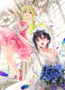 2girls bare_shoulders black_hair blonde_hair blue_eyes blue_flower bouquet braid breasts bridal_veil bride brown_eyes church cleavage cowboy_shot detached_sleeves dress dress_flower dsmile elbow_gloves falling_petals floral_dress flower full_body furutachi_ren gloves hair_between_eyes hayahoshi_akuru holding holding_bouquet indoors long_hair medium_breasts medium_hair multiple_girls open_mouth oshi_no_love_yori_koi_no_love out_of_frame outstretched_arms outstretched_hand own_hands_clasped own_hands_together petals pink_dress pink_shoes pump shoes shouting strapless strapless_dress teeth upper_teeth_only veil wedding_dress white_dress white_gloves