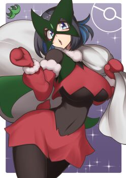 Rule 34 | 1girl, bag, black hair, blue eyes, blue hair, breasts, christmas, commentary request, dagitsune, highres, holding, holding bag, large breasts, liko (pokemon), looking at viewer, mask, multicolored hair, nintendo, open mouth, pokemon, pokemon (anime), pokemon horizons, santa costume, solo, two-tone hair