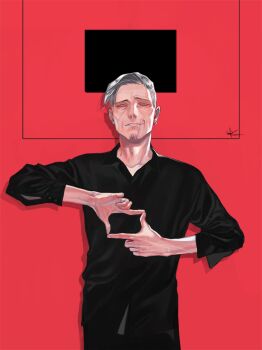 1boy black_pants black_shirt blue_eyes collarbone ctkcave earrings facial_hair goatee jewelry looking_to_the_side male_focus mature_male old old_man original own_hands_together pants parted_hair portrait_(object) red_background shirt short_hair simple_background single_earring smirk solo upper_body