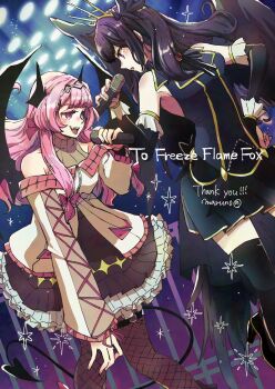 2girls :d airi_(freezeflamefox) bare_shoulders black_jacket black_shoes black_skirt black_thighhighs black_wings bow brooch clothing_cutout commission commissioner_name demon_girl demon_tail demon_wings detached_sleeves diamond_hairband fallen_angel fang feet_out_of_frame fishnet_pantyhose fishnets frilled_skirt frills gem gold_trim hair_bow hair_ornament hand_on_own_hip helmi_(jasbraq) high_heels highres holding holding_microphone idol idol_clothes jacket jewelry lapels layered_skirt long_hair long_sleeves low-tied_sidelocks maruno microphone miniskirt mixed-language_commentary multi-source_commentary multiple_girls music notched_lapels o-ring o-ring_thigh_strap open_mouth original pantyhose pink_bow pink_hair purple_eyes purple_hair red_gemstone rivalry shoes shoulder_cutout sidelocks singing skeb_commission skirt sleeveless sleeveless_jacket smile sparkle stage_lights tail thank_you thigh_strap thighhighs turtleneck wings x_hair_ornament