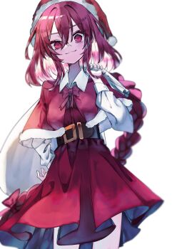 1girl :3 belt blush bow bowtie brown_belt capelet closed_mouth collared_shirt hair_between_eyes hand_on_own_hip hat highres holding holding_sack large_belt long_hair long_sleeves looking_at_viewer muraryo okazaki_yumemi ponytail red_bow red_bowtie red_capelet red_eyes red_hair red_skirt sack santa_costume santa_hat shirt simple_background skirt sleeve_cuffs smile solo standing touhou very_long_hair white_background white_shirt