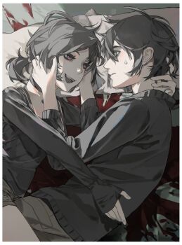 1boy 1girl andrew_graves ashley_graves bed black_hair blood brother_and_sister choker commentary cuddling denim english_commentary green_eyes highres incest jeans open_mouth pants pink_eyes scared shorts siblings sweater tarid the_coffin_of_andy_and_leyley