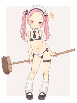 +++ 1girl bare_arms bare_shoulders bikini black_bikini black_shoes blush border broom flat_chest forehead frilled_bikini frills full_body gluteal_fold grey_background grin holding holding_broom loli long_hair looking_at_viewer loose_socks maid maid_bikini maid_headdress navel onyhakase original pink_hair red_eyes ribs shoes side-tie_bikini_bottom skindentation smile socks solo standing swimsuit thigh_strap twintails unconventional_maid white_border white_socks