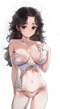 1girl babydoll black_hair blue_eyes blush breasts collarbone contrapposto covered_erect_nipples cowboy_shot ear_blush highres jeon_jae-soon_(goarosa) lace lace_panties large_breasts long_hair looking_at_viewer messy_hair moohyungking navel nipple_slip nipples original panties simple_background solo strap_slip underwear veins veiny_breasts veiny_stomach veiny_thighs white_babydoll white_background white_panties
