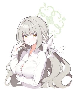 1girl :/ absurdres arm_under_breasts blue_archive blush bow braid breasts button_gap cropped_torso dress_shirt grey_hair hair_bow hair_ribbon halo highres large_breasts long_hair long_sleeves looking_at_viewer miyo_(blue_archive) open_collar ribbon ribbon_braid ryua_(user_kedz2257) shirt simple_background solo upper_body very_long_hair white_background white_bow white_ribbon white_shirt yellow_eyes