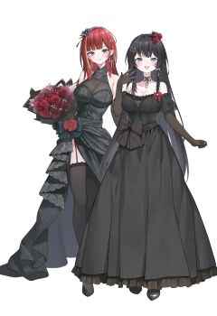 2girls :d absurdres akane_lize alternate_costume arms_at_sides black_bow black_dress black_flower black_garter_straps black_gloves black_hair black_thighhighs blue_eyes bouquet bow bow_earrings breasts brooch commentary_request cross cross_earrings dress dress_bow earrings elbow_gloves elppi floral_print floral_print_dress flower full_body garter_straps gloves gown grey_eyes hair_bow hair_flower hair_ornament hairclip highres holding holding_bouquet jewelry korean_commentary large_breasts long_dress long_hair looking_at_viewer multicolored_hair multiple_girls off-shoulder_dress off_shoulder open_mouth parallel_hairclips parted_bangs parted_lips print_dress red_bow red_eyes red_flower red_rose rose see-through_cleavage see-through_clothes see-through_dress shirayuki_hina short_sleeves side_slit simple_background sleeveless sleeveless_dress smile standing stellive straight_hair streaked_hair thighhighs very_long_hair virtual_youtuber white_background